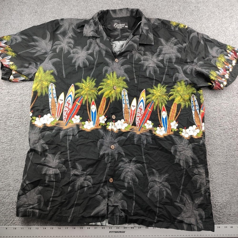 Favant Cotton Button-Up Men 3XL Hawaiian Surfboards Palm Trees Black Shirt